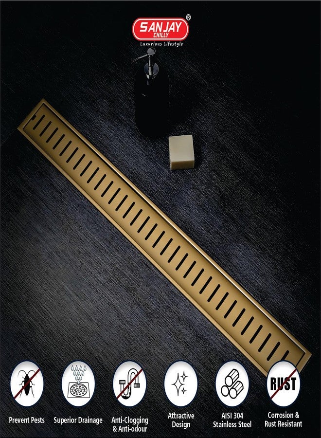 SANJAY CHILLY Classic Shower Channel Drainer Colour Collection Floor Drain with Cockroach Trap & Collar SS 304 Grade Washroom Gratings Drain Strainer (Brushed Bronze 24 x 4 INCH Side Hole) - Image 5